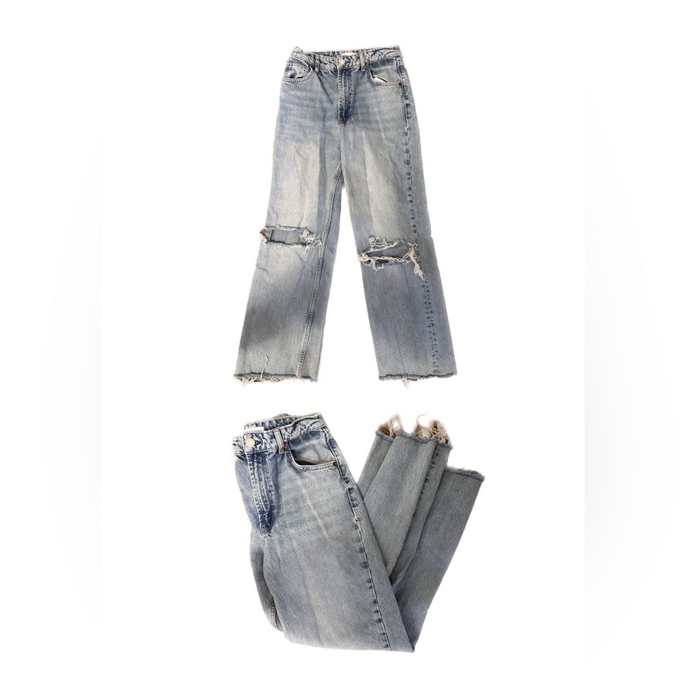 Zara High waisted boot cut/flare rubbed light wash jeans